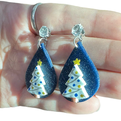 Hypoallergenic Christmas Hand Painted Trees at Night Teardrop Dangle Clay Earrings