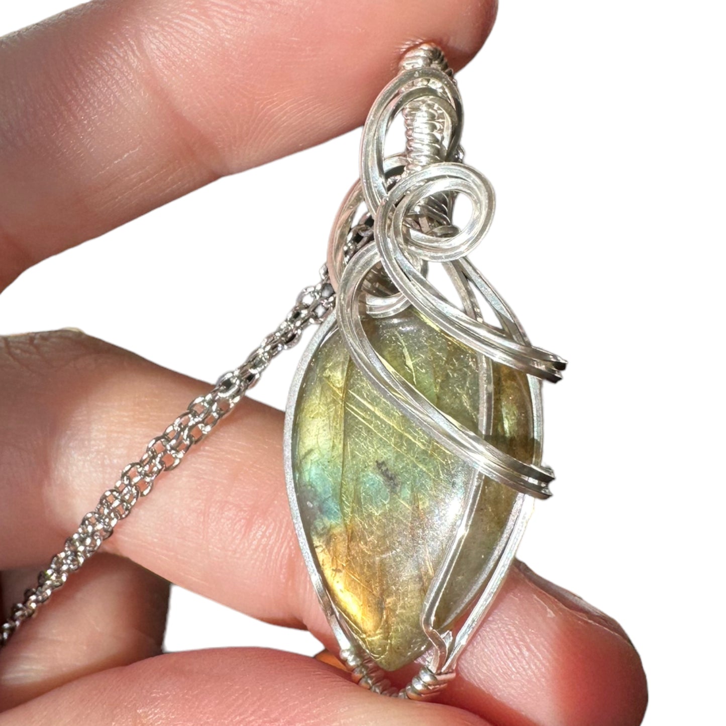 Sterling Silver Wire Wrapped Labradorite Teardrop Crystal Bezel Pendant