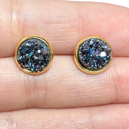 8MM Hypoallergenic Metallic Blue Druzy Earring Studs