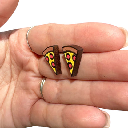 Hypoallergenic Hand Painted Pizza Slice Laser Engraved Wood Stud Earrings