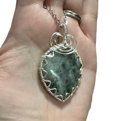 Sterling Silver Wire Wrapped Labradorite Heart Crystal Triangle Bezel Pendant