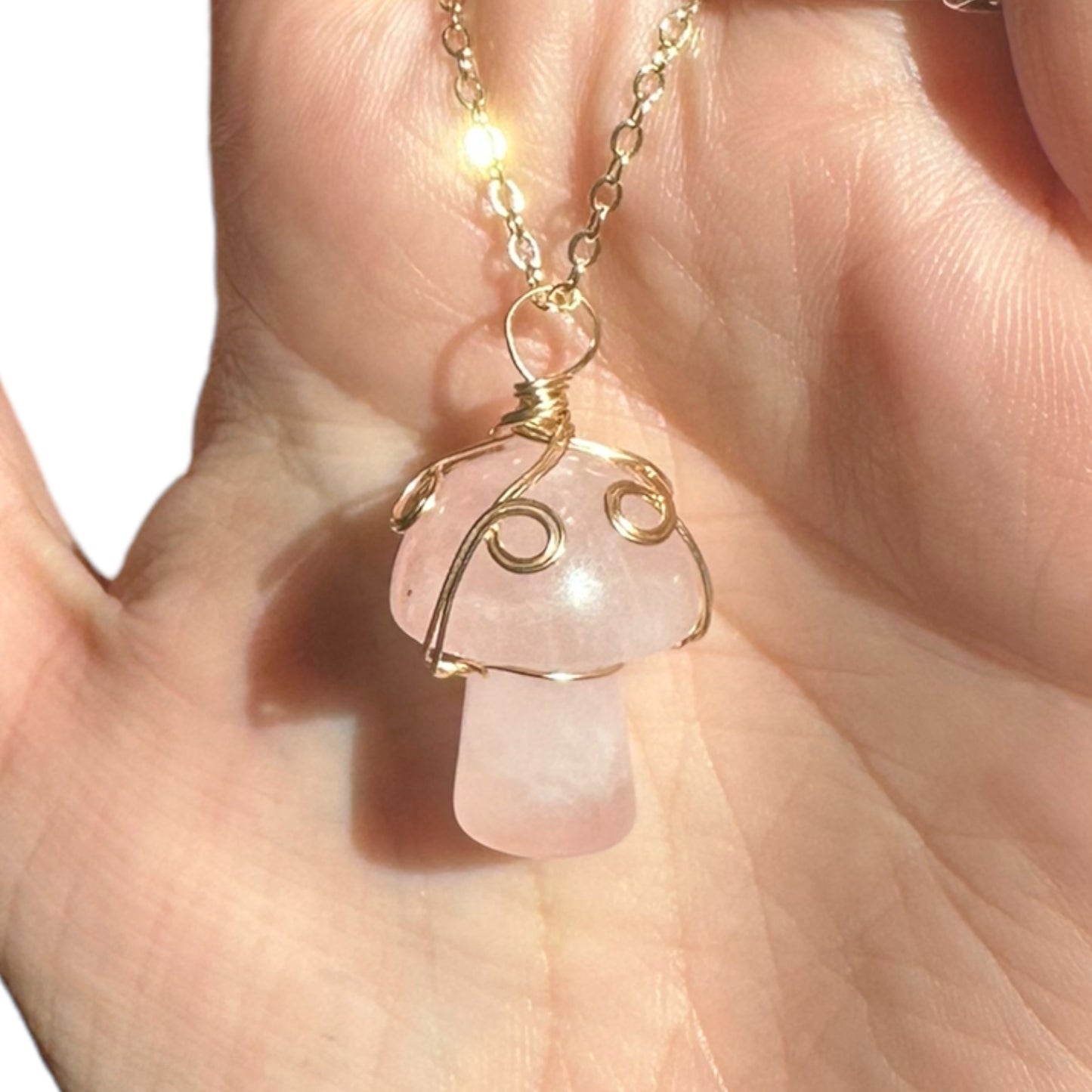 Sterling Silver | 14KT Gold Filled Wire Wrapped Rose Quartz Crystal Mushroom Pendant