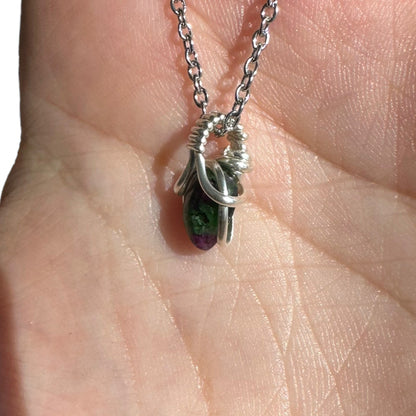 Sterling Silver | 14KT Gold Filled Mini Teardrop Ruby Fuchsite Wishbone Wire Wrapped Pendant