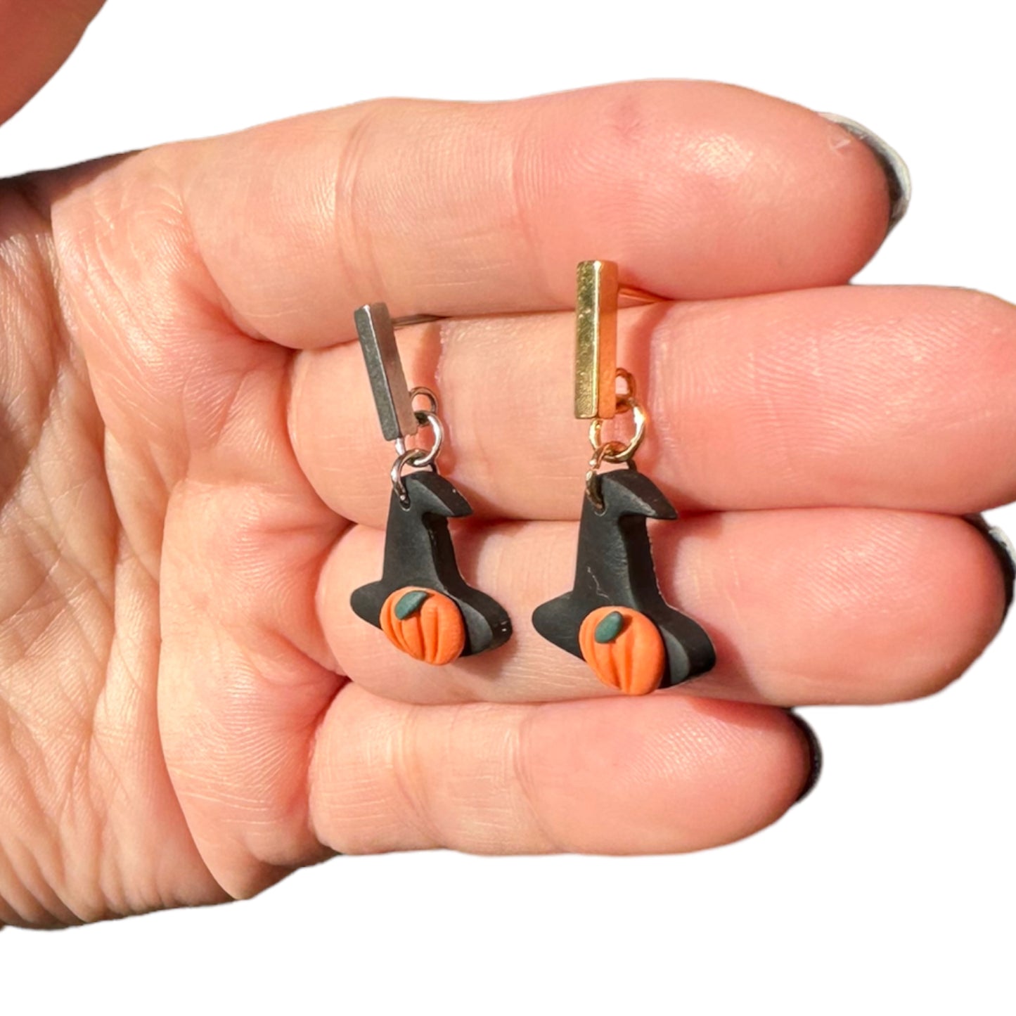 Hypoallergenic Witches Hat with Pumpkin Clay Dangle Earrings