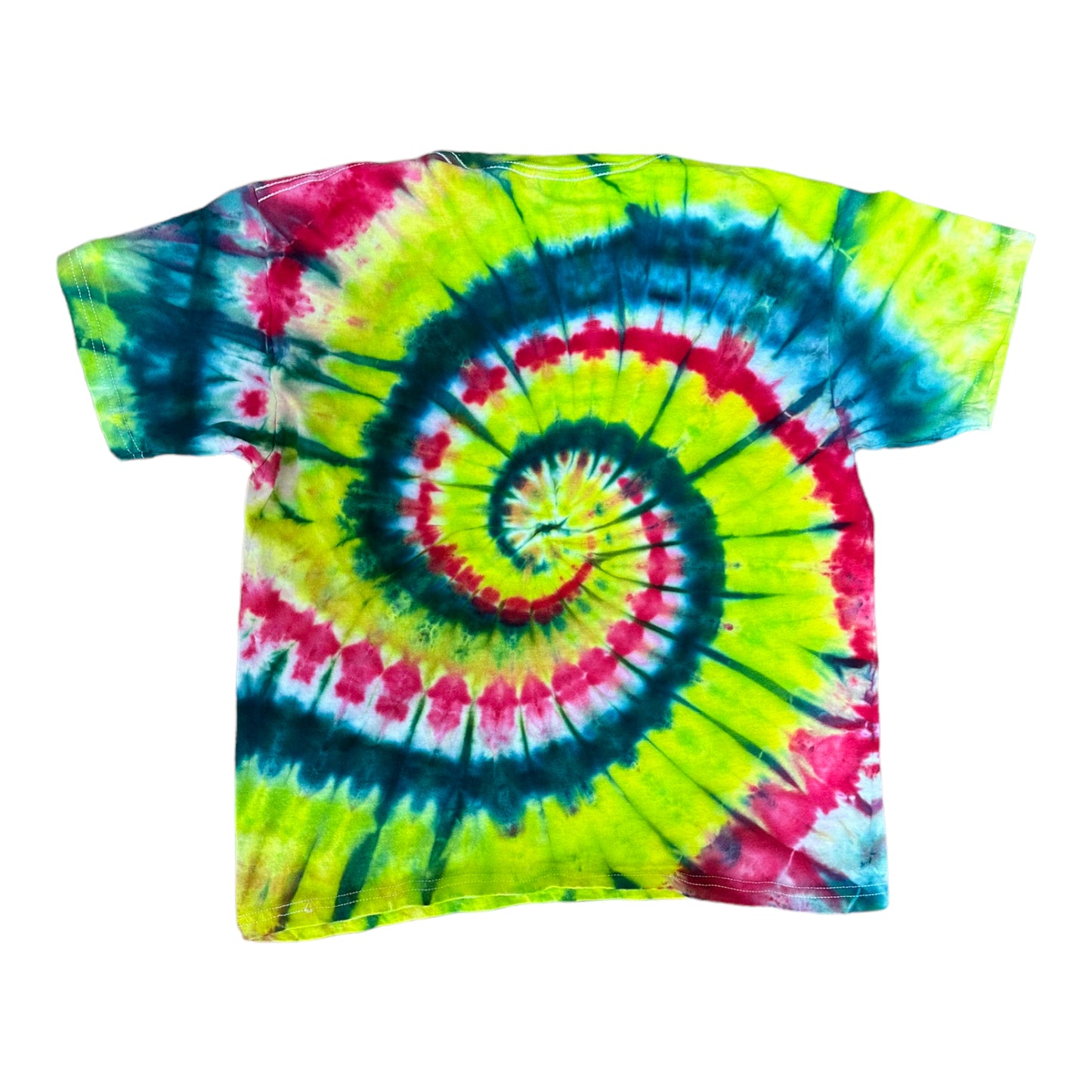 Youth Medium Bright Yellow Green Teal Blue and Fuchsia Spiral Ice Dye Tie Dye Shirt