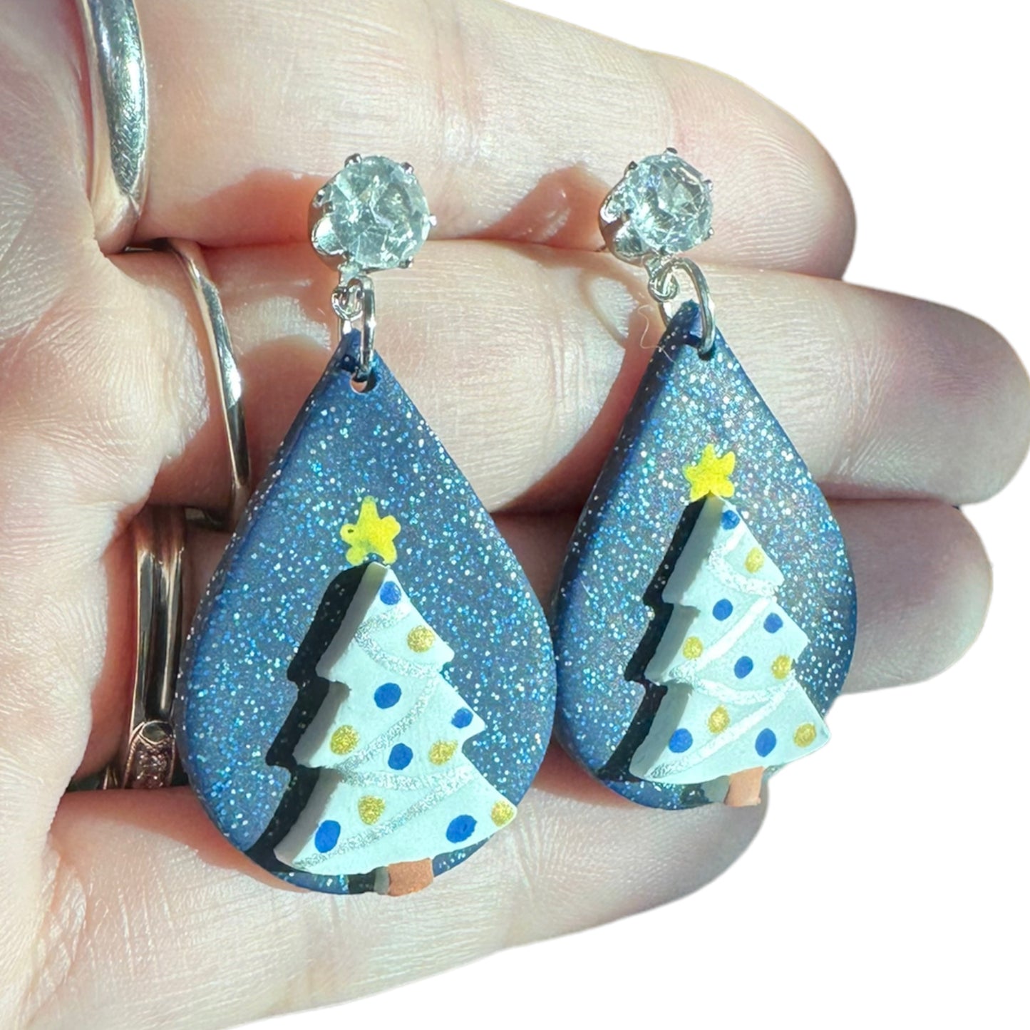 Hypoallergenic Christmas Hand Painted Trees at Night Teardrop Dangle Clay Earrings