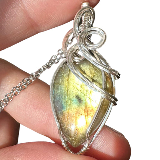 Sterling Silver Wire Wrapped Labradorite Teardrop Crystal Bezel Pendant