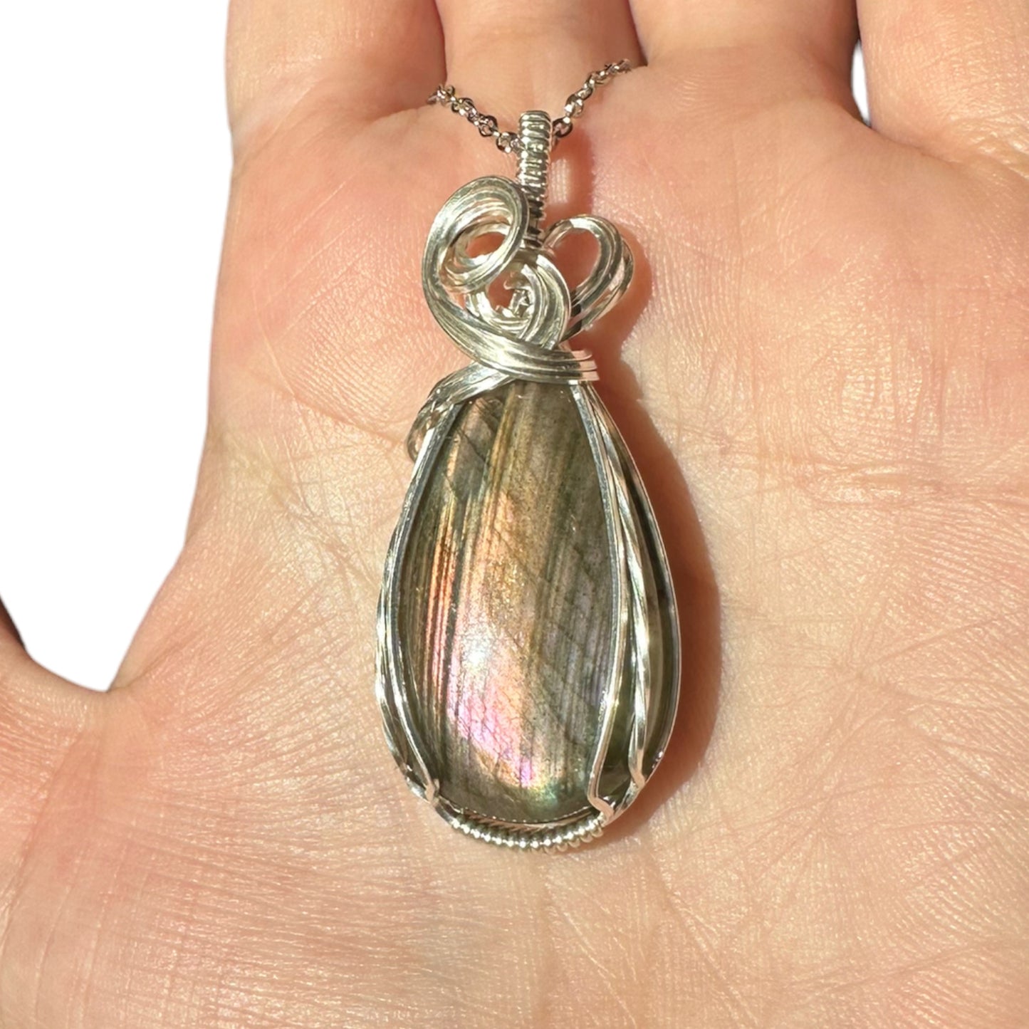 Sterling Silver Wire Wrapped Labradorite Crystal Bezel Pendant