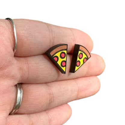 Hypoallergenic Hand Painted Pizza Slice Laser Engraved Wood Stud Earrings