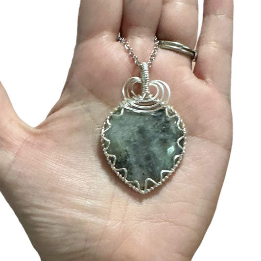 Sterling Silver Wire Wrapped Labradorite Heart Crystal Triangle Bezel Pendant