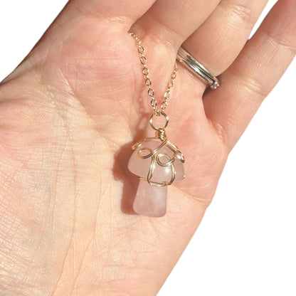 Sterling Silver | 14KT Gold Filled Wire Wrapped Rose Quartz Crystal Mushroom Pendant