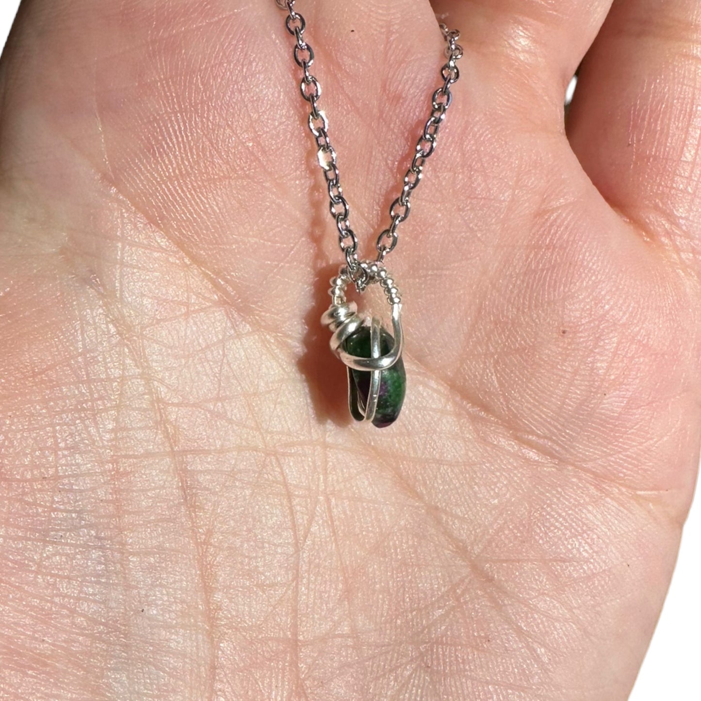 Sterling Silver | 14KT Gold Filled Mini Teardrop Ruby Fuchsite Wishbone Wire Wrapped Pendant