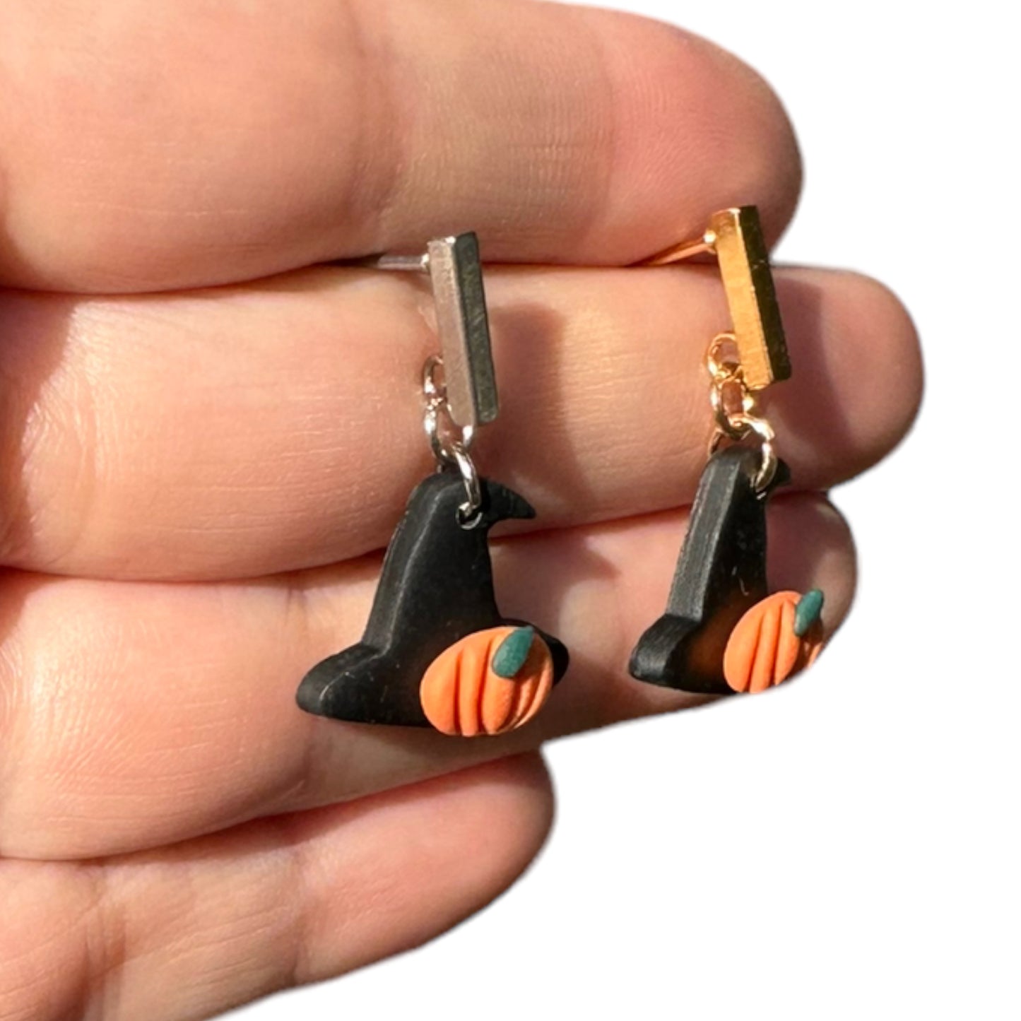 Hypoallergenic Witches Hat with Pumpkin Clay Dangle Earrings