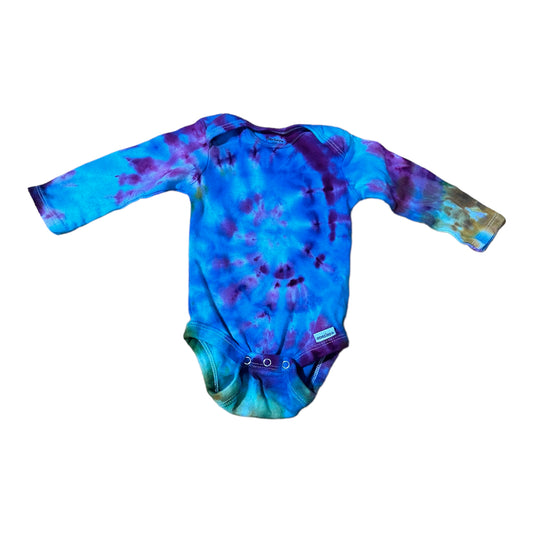 Infant 3-6 Month Green Purple and Blue Spiral Ice Dye Tie Dye Long Sleeve Onesie