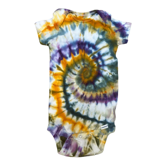 Infant 12 Months Teal Blue Golden Yellow and Purple Spiral Ice Dye Tie Dye Onesie