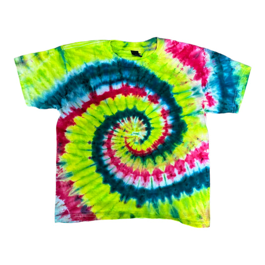 Youth Medium Bright Yellow Green Teal Blue and Fuchsia Spiral Ice Dye Tie Dye Shirt