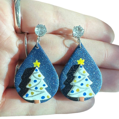 Hypoallergenic Christmas Hand Painted Trees at Night Teardrop Dangle Clay Earrings