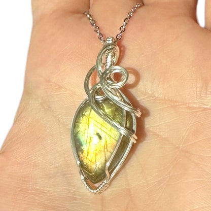 Sterling Silver Wire Wrapped Labradorite Teardrop Crystal Bezel Pendant