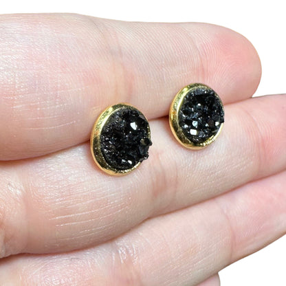 8MM Hypoallergenic Black Druzy Earring Studs