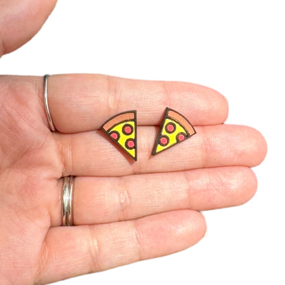 Hypoallergenic Hand Painted Pizza Slice Laser Engraved Wood Stud Earrings