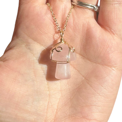 Sterling Silver | 14KT Gold Filled Wire Wrapped Rose Quartz Crystal Mushroom Pendant