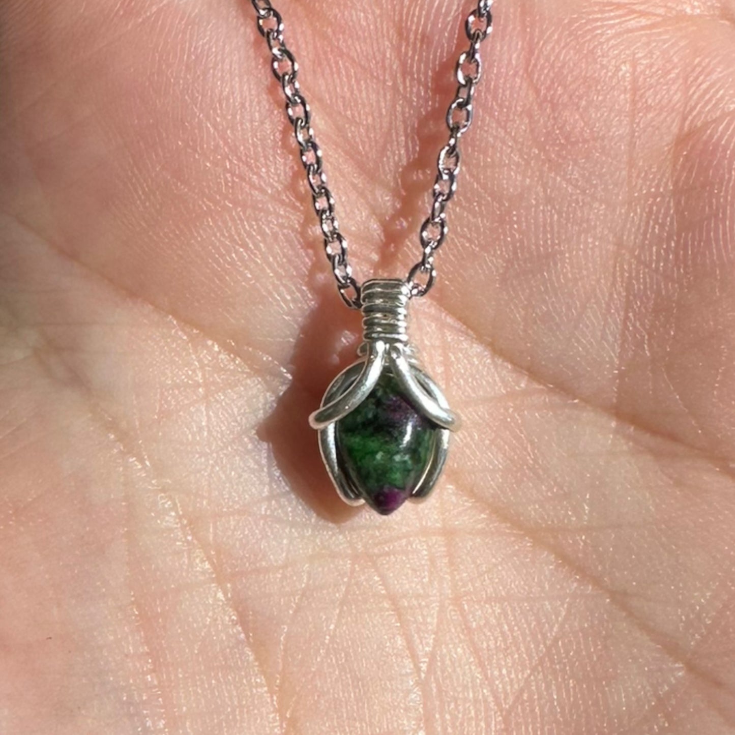 Sterling Silver | 14KT Gold Filled Mini Teardrop Ruby Zoisite Wishbone Wire Wrapped Pendant