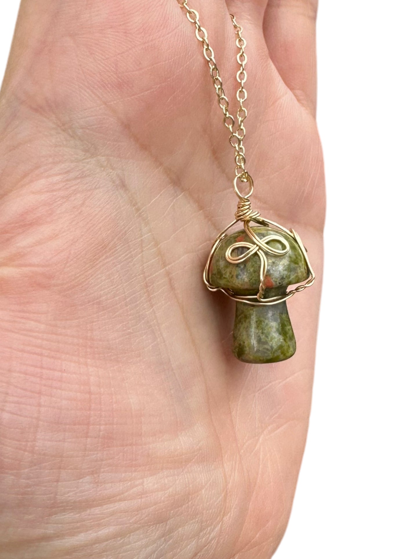 Sterling Silver | 14KT Gold Filled Wire Wrapped Unakite Crystal Mushroom Pendant