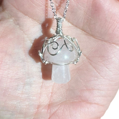 Sterling Silver | 14KT Gold Filled Wire Wrapped Rose Quartz Crystal Mushroom Pendant