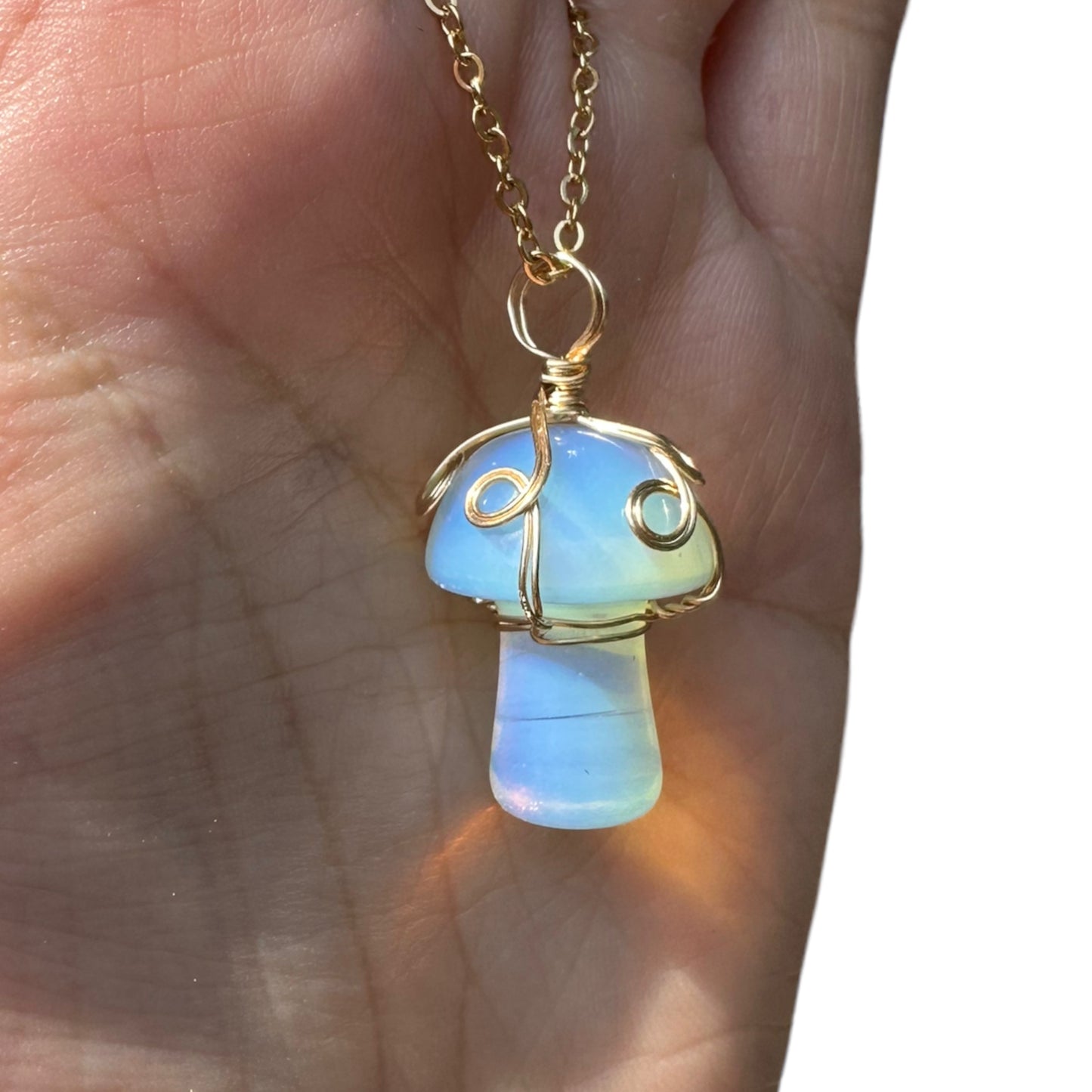 Sterling Silver | 14KT Gold Filled Wire Wrapped Opalite Crystal Mushroom Pendant