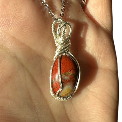 Sterling Silver Wire Wrapped Bloodstone Crystal Bezel Pendant