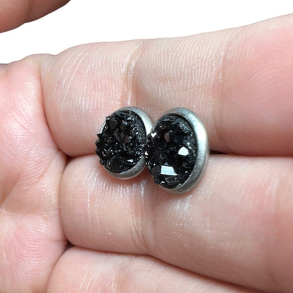 8MM Hypoallergenic Black Druzy Earring Studs