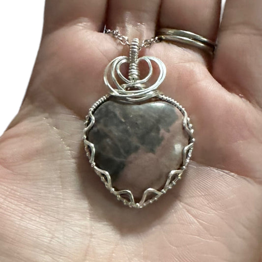 Sterling Silver Wire Wrapped Rhodonite Heart Crystal Triangle Bezel Pendant