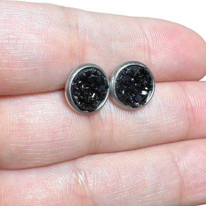 8MM Hypoallergenic Black Druzy Earring Studs