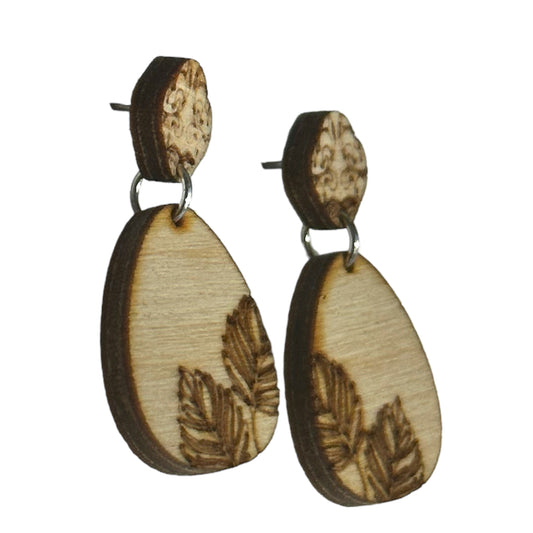 Hypoallergenic Botanical Leaf Dangle Laser Engraved Wood Earrings