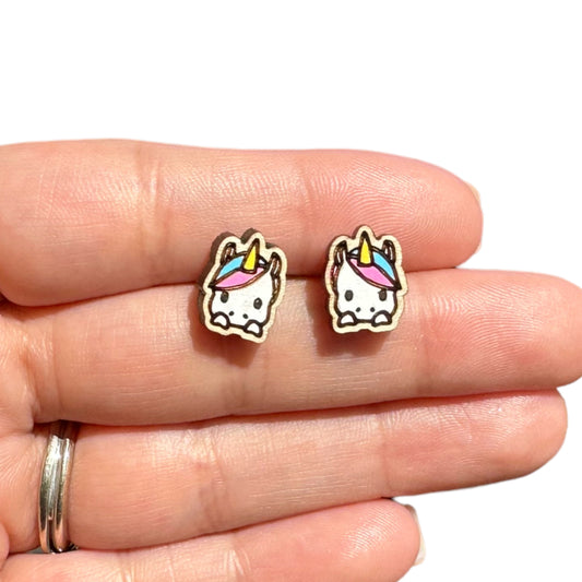 Hypoallergenic Hand Painted Unicorn Laser Engraved Wood Stud Earrings