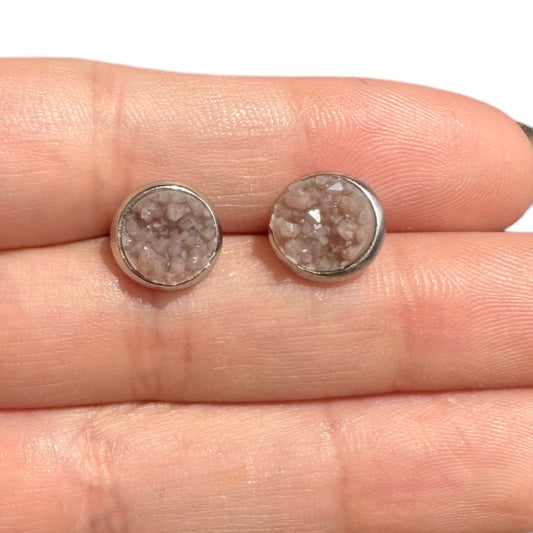 8MM Hypoallergenic Mauve/Gray Sparkle Faux Druzy Earring Studs