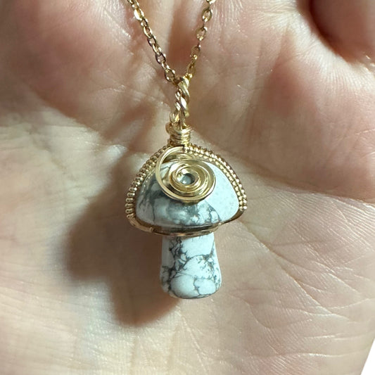 Sterling Silver | 14KT Gold Filled Howlite Wire Wrapped Mushroom Crystal Pendant