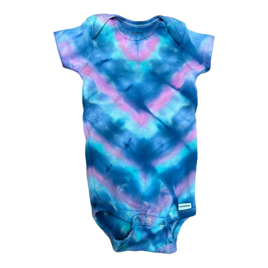 Infant 12 Months Pink and Blue Pleated V Ice Dye Tie Dye Onesie