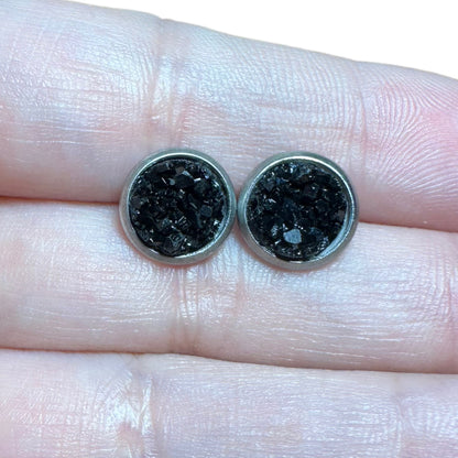 8MM Hypoallergenic Black Druzy Earring Studs