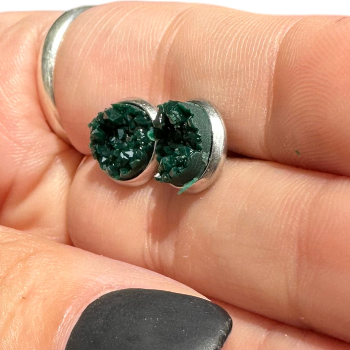 8MM Hypoallergenic Forest Green Sparkle Faux Druzy Earring Studs