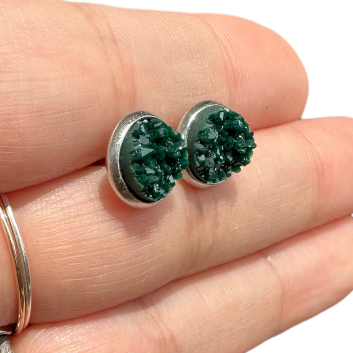 8MM Hypoallergenic Forest Green Sparkle Faux Druzy Earring Studs