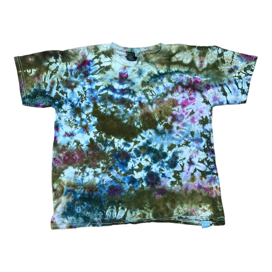Youth Medium Moss Green Blue and Purple Scrunch Ice Dye Tie Dye Shirt