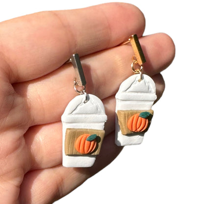 Hypoallergenic Pumpkin Spice Latte Drink Clay Dangle Earrings