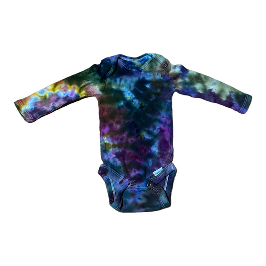 Infant 0-3 Months Purple Yellow Blue and Green Scrunch Ice Dye Tie Dye Long Sleeve Onesie