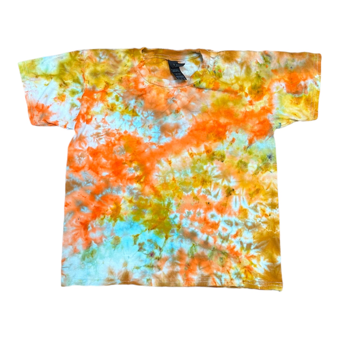 Youth Small Orange Aqua Blue and Yellow Scrunch Ice Dye Tie Dye Shirt