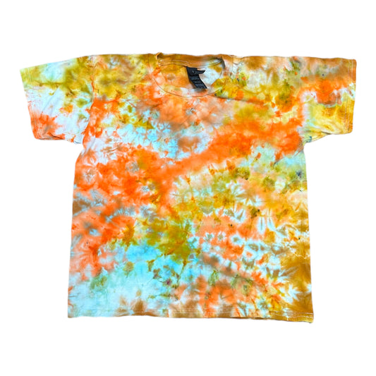 Youth Small Orange Aqua Blue and Yellow Scrunch Ice Dye Tie Dye Shirt
