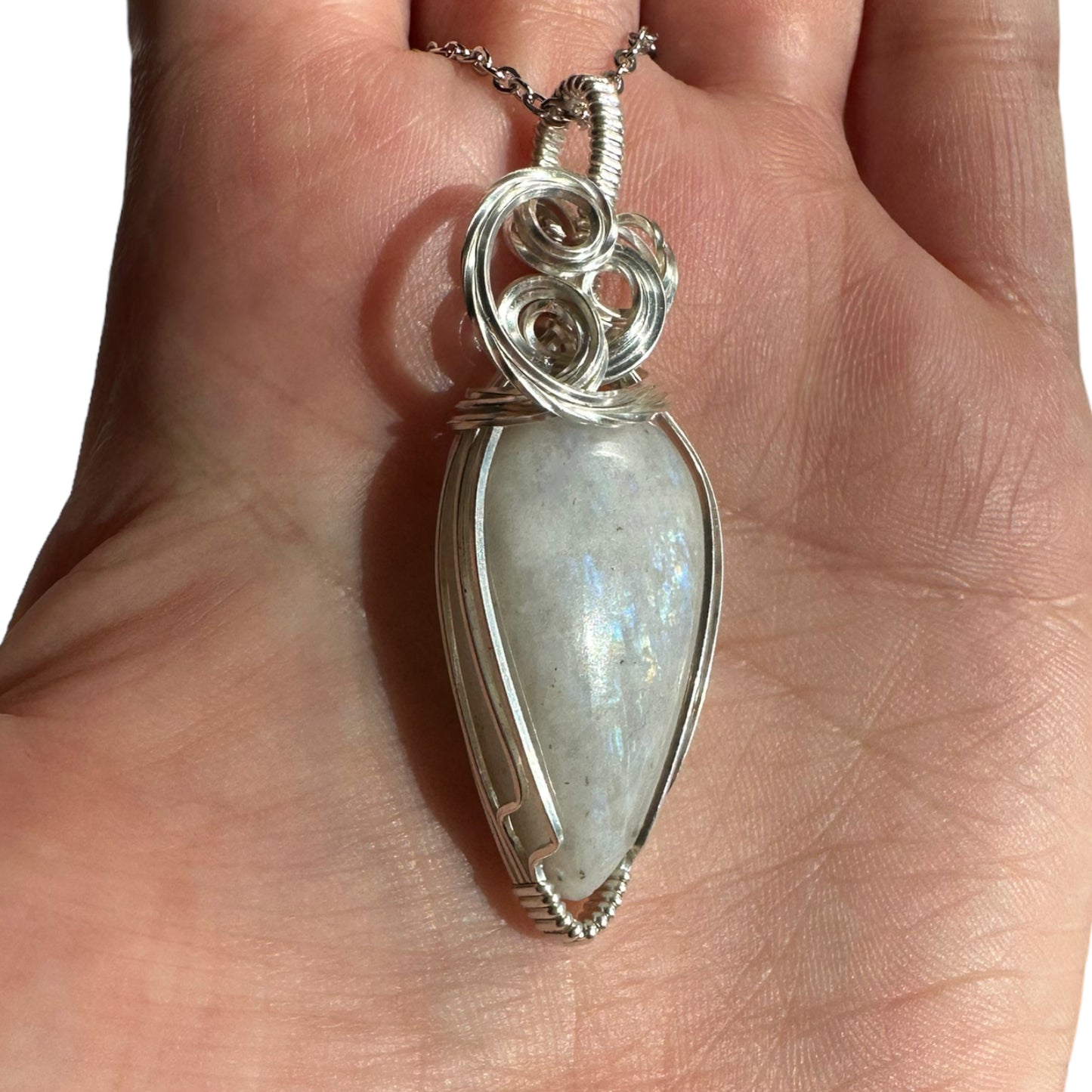 Sterling Silver Wire Wrapped Rainbow Moonstone Crystal Bezel Pendant