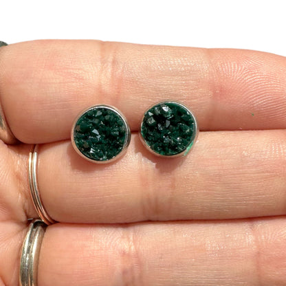 8MM Hypoallergenic Forest Green Sparkle Faux Druzy Earring Studs