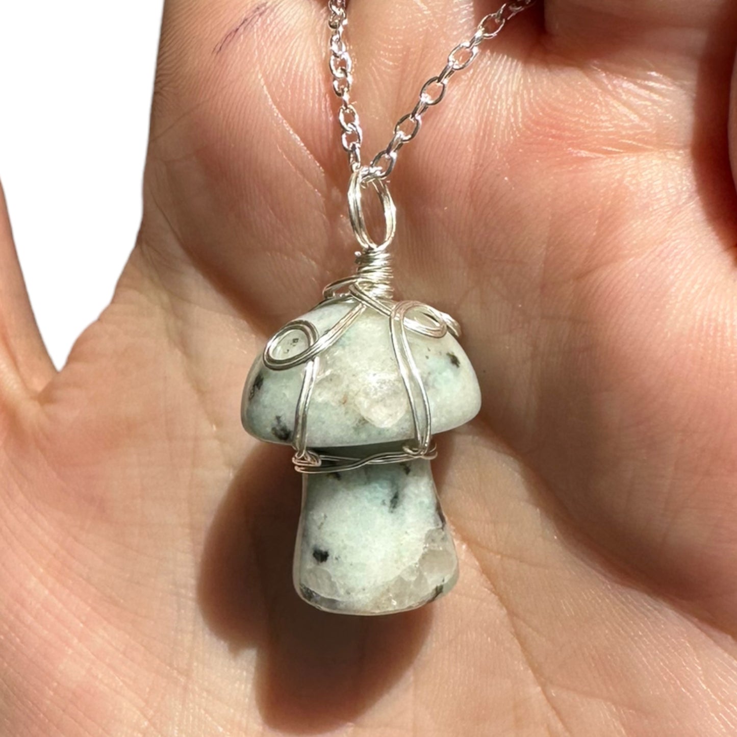 Sterling Silver | 14KT Gold Filled Wire Wrapped Kiwi Jasper Crystal Mushroom Pendant