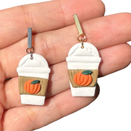 Hypoallergenic Pumpkin Spice Latte Drink Clay Dangle Earrings